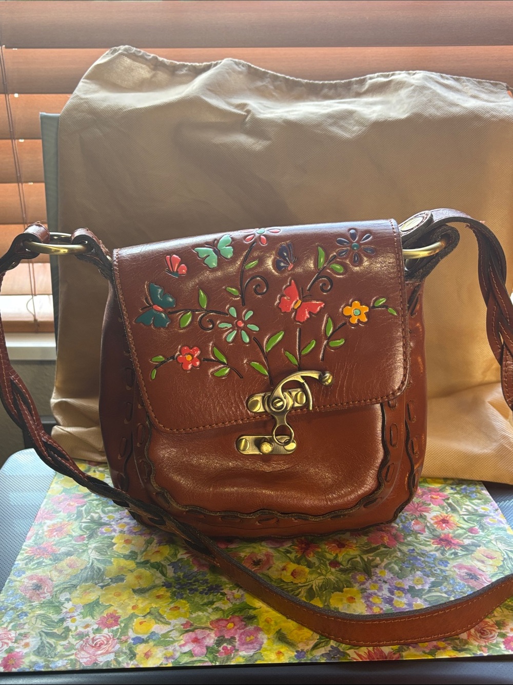 Patricia Nash Burgundy Leather Floral Tooled Crossbody